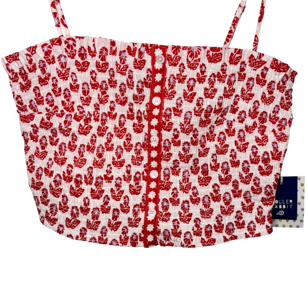 Roller Rabbit Cami Crop Top Women Large Red NWT Smocked Floral Button Front